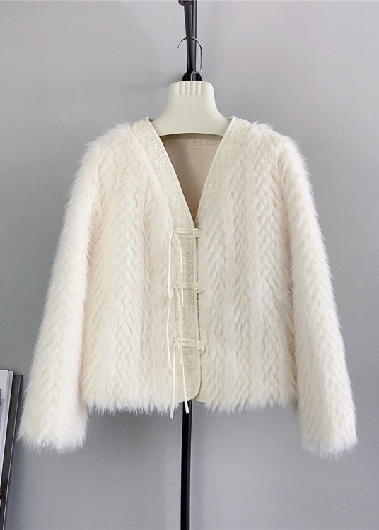 Apricot V Neck Tasseled Patchwork Mink Velvet Jacket Winter