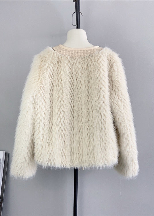 Apricot V Neck Tasseled Patchwork Mink Velvet Jacket Winter
