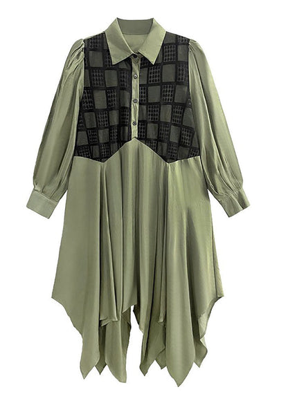 Army Green Asymmetrical Patchwork Cotton Shirt Dresses Spring