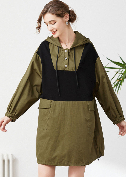 Army Green Hooded Oversized Patchwork Cotton Sweatshirt Spring
