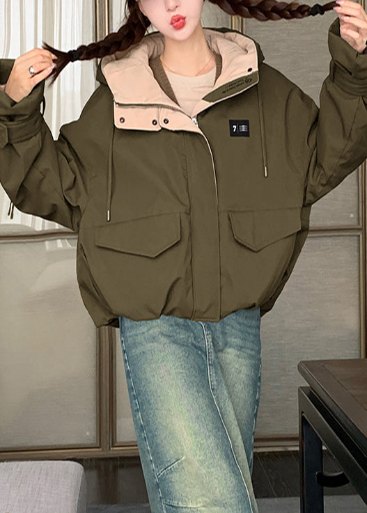 Army Green Hooded Patchwork Fine Cotton Filled Parkas Winter