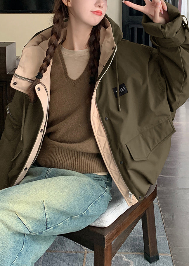Army Green Hooded Patchwork Fine Cotton Filled Parkas Winter