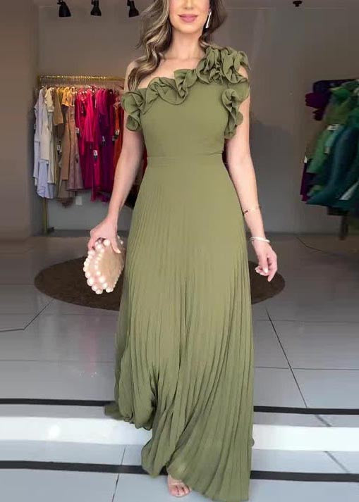 Army Green One Shoulder Pleated Dress Summer