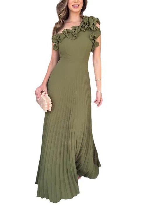Army Green One Shoulder Pleated Dress Summer