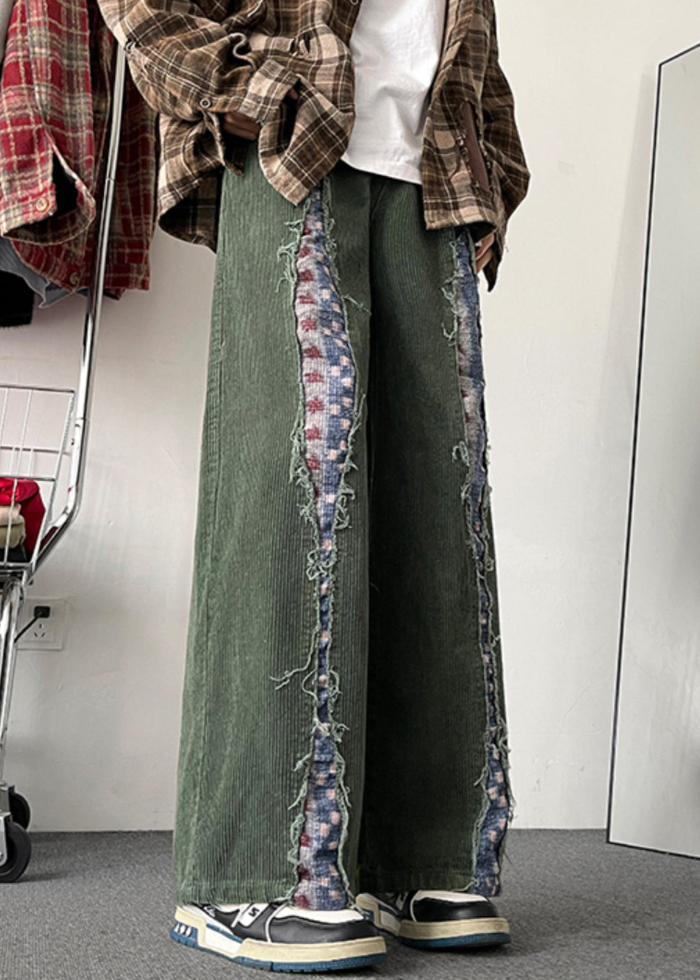 Army Green Original Design Patchwork Corduroy Pants Fall