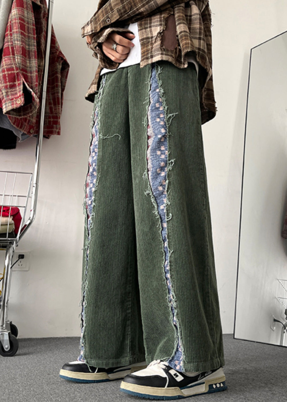 Army Green Original Design Patchwork Corduroy Pants Fall
