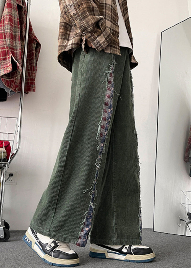 Army Green Original Design Patchwork Corduroy Pants Fall