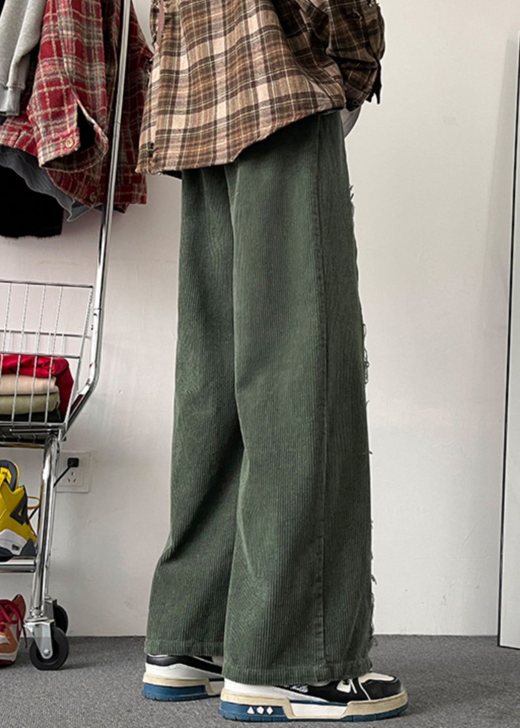 Army Green Original Design Patchwork Corduroy Pants Fall
