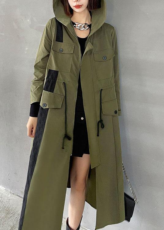 Army Green Pockets Patchwork Button Zippered Fall Tie Waist Hooded Coat Long Sleeve