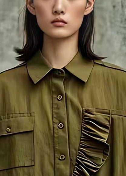 Army Green Ruffled Cotton Blouse Tops Flare Sleeve
