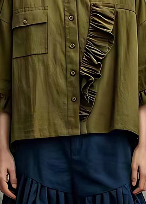 Army Green Ruffled Cotton Blouse Tops Flare Sleeve