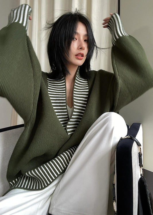 Army Green V Neck Striped Patchwork Knit Sweater Spring