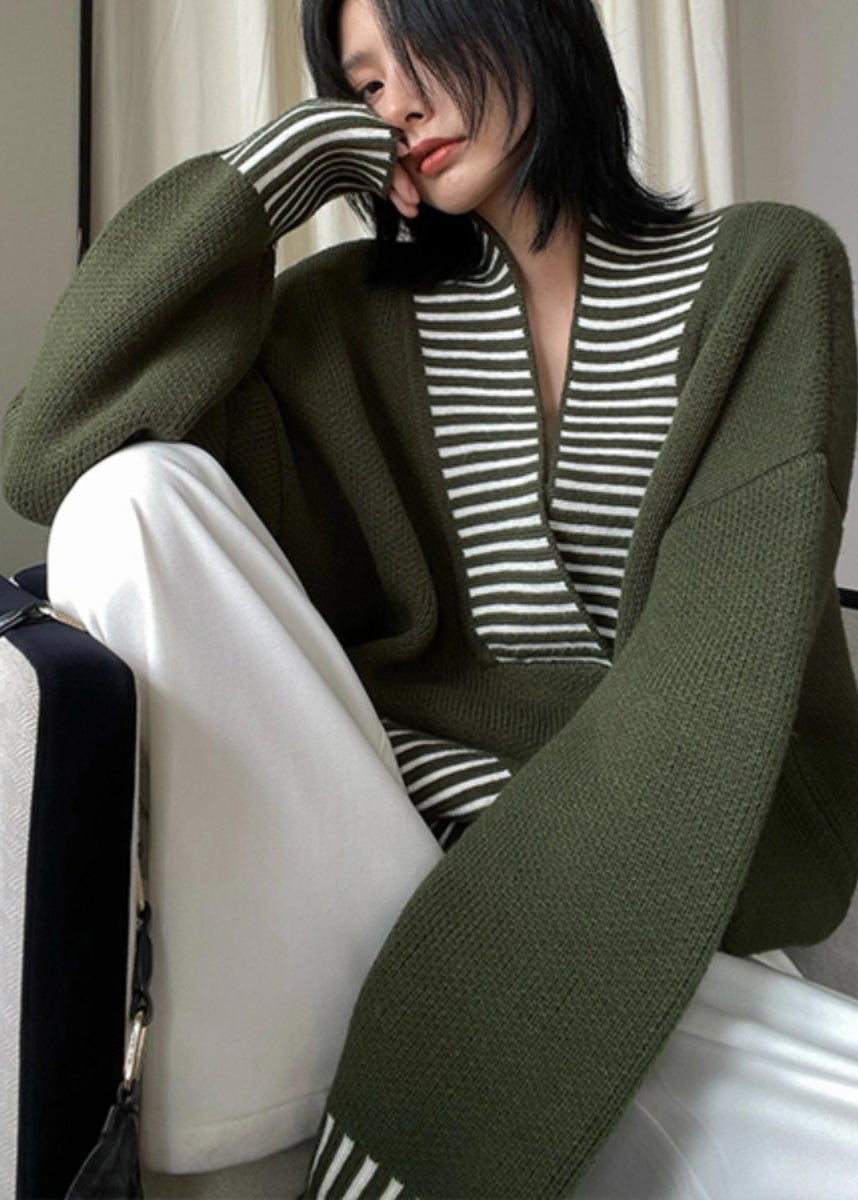 Army Green V Neck Striped Patchwork Knit Sweater Spring