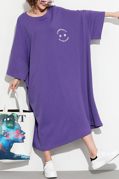 Batwing Sleeve Cotton Tunic Dress2025 Work Outfits Purple Print Maxi Dresses Summer