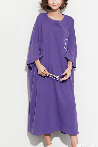 Batwing Sleeve Cotton Tunic Dress2025 Work Outfits Purple Print Maxi Dresses Summer