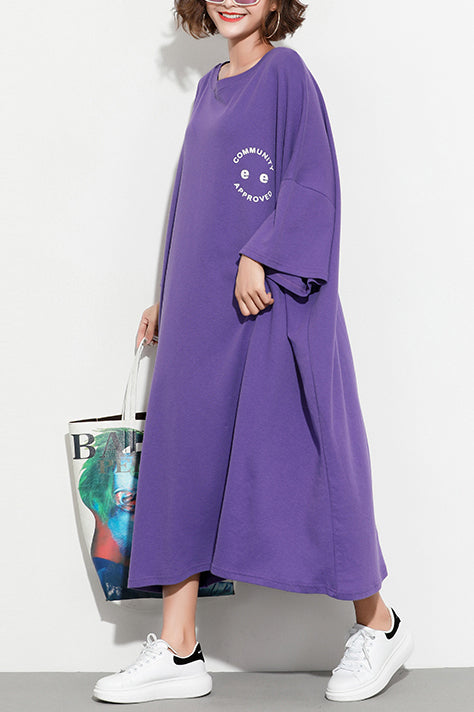 Batwing Sleeve Cotton Tunic Dress2025 Work Outfits Purple Print Maxi Dresses Summer