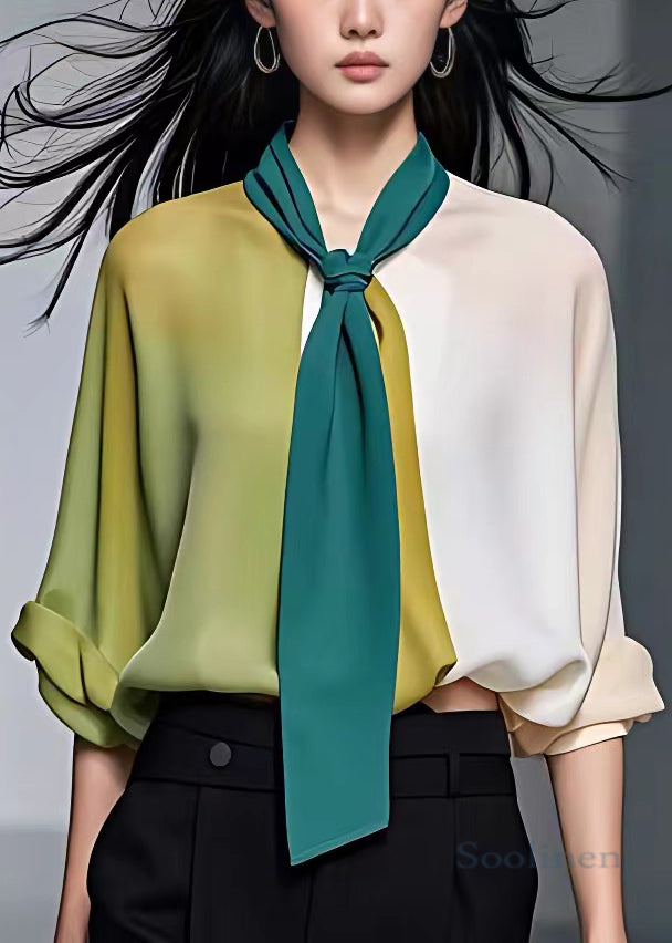 Beige Asymmetrical Bow Patchwork Chiffon Blouses Fall