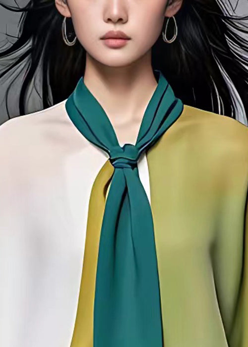 Beige Asymmetrical Bow Patchwork Chiffon Blouses Fall