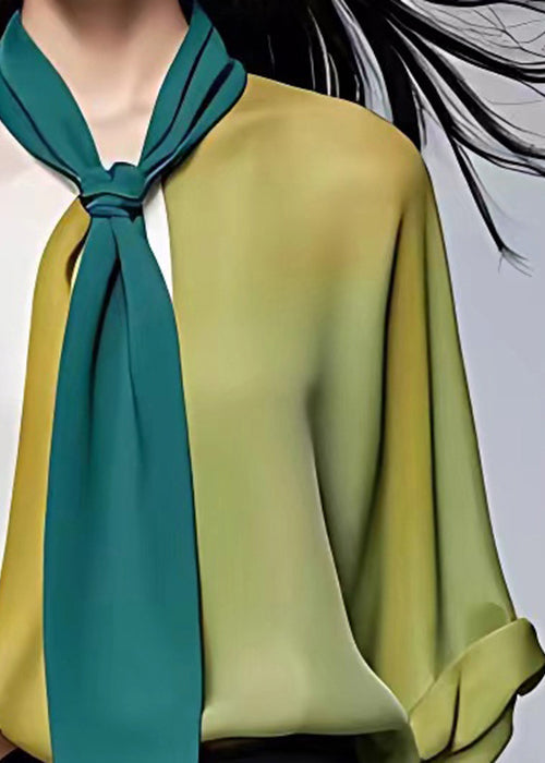 Beige Asymmetrical Bow Patchwork Chiffon Blouses Fall