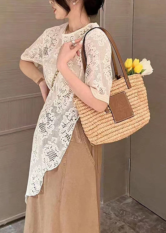 Beige Asymmetrical Hollow Out Lace Top Summer