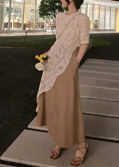 Beige Asymmetrical Hollow Out Lace Top Summer