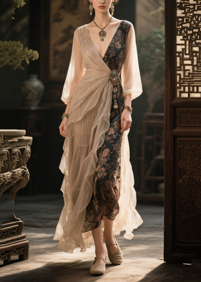 Beige Asymmetrical Patchwork Tasseled Chiffon Dresses Summer