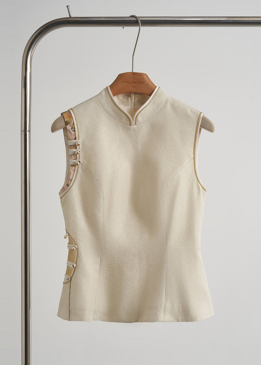 Beige Chinese Button Hollow Out Oriental Vests Spring