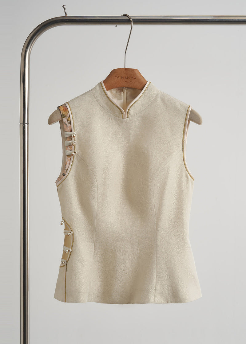 Beige Chinese Button Hollow Out Oriental Vests Spring