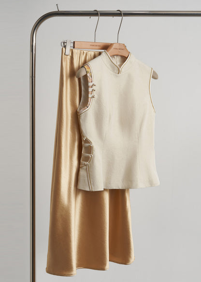 Beige Chinese Button Hollow Out Oriental Vests Spring