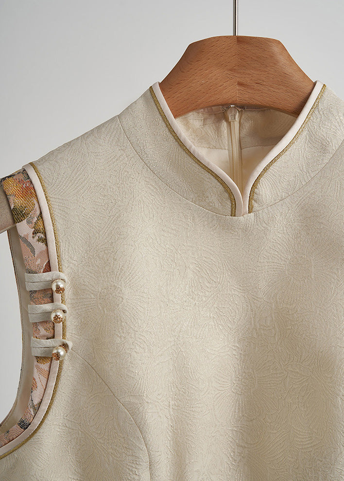 Beige Chinese Button Hollow Out Oriental Vests Spring