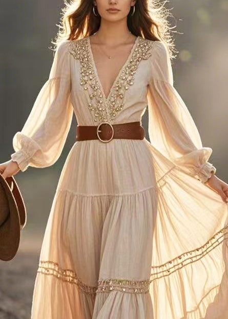 Beige Cinched Fuzzy Ball Decorated Exra Large Hem Dresses Spring