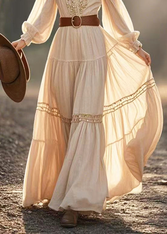 Beige Cinched Fuzzy Ball Decorated Exra Large Hem Dresses Spring