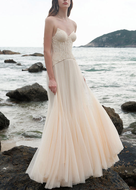 Beige Cold Shoulder Lace Patchwork Tulle Party Dress Sleeveless