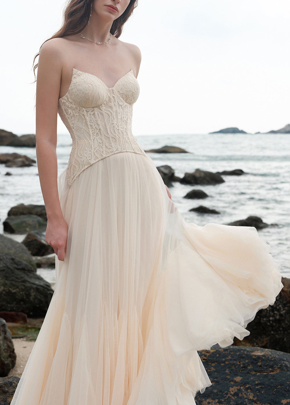 Beige Cold Shoulder Lace Patchwork Tulle Party Dress Sleeveless