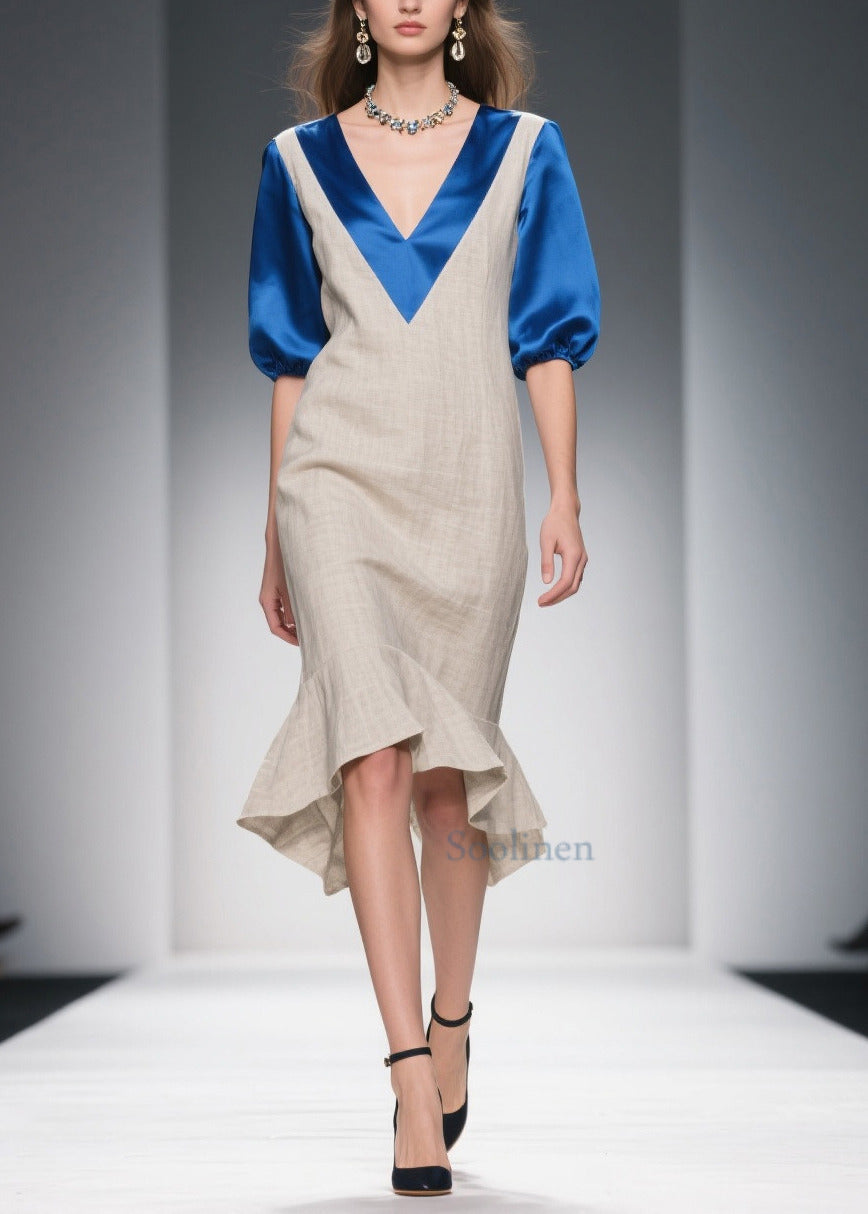 Beige Double-v Neck Patchwork Linen Silk Long Dresses Summer