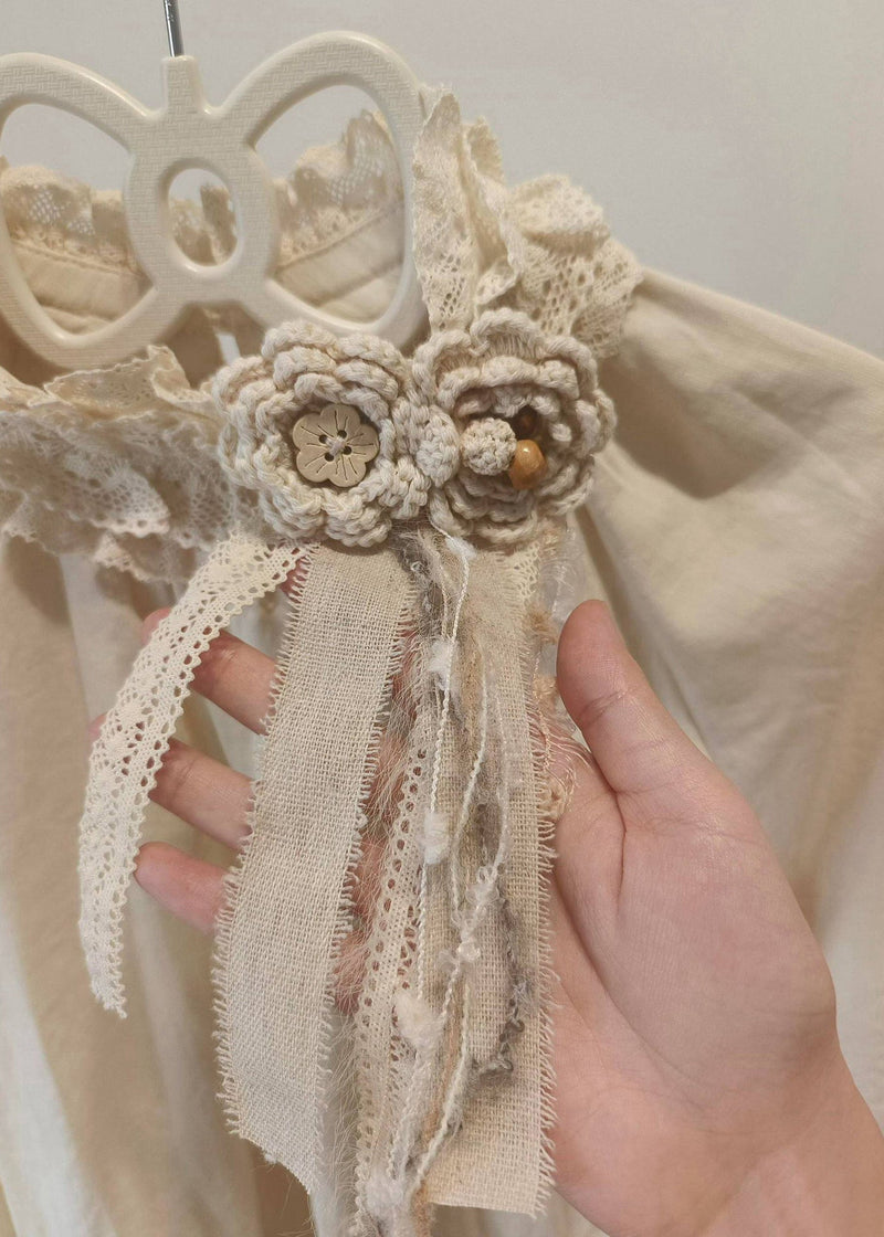 Beige Decorated Patchwork Lace Shirt Top Spring