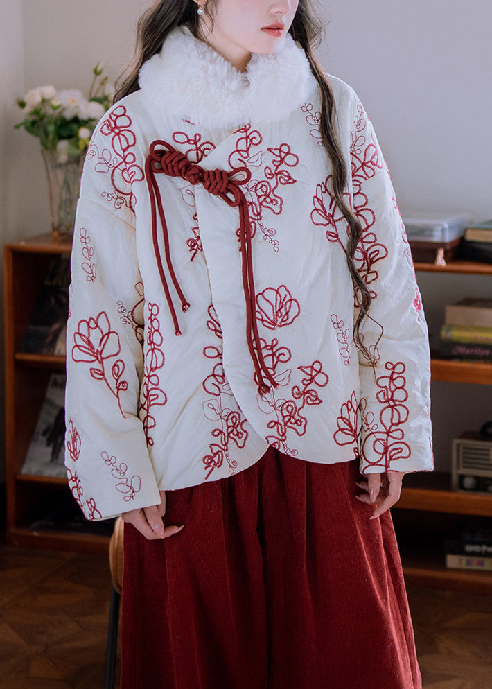Beige Fur Collar Embroidered Chinese Button Cotton Filled Parka Winter