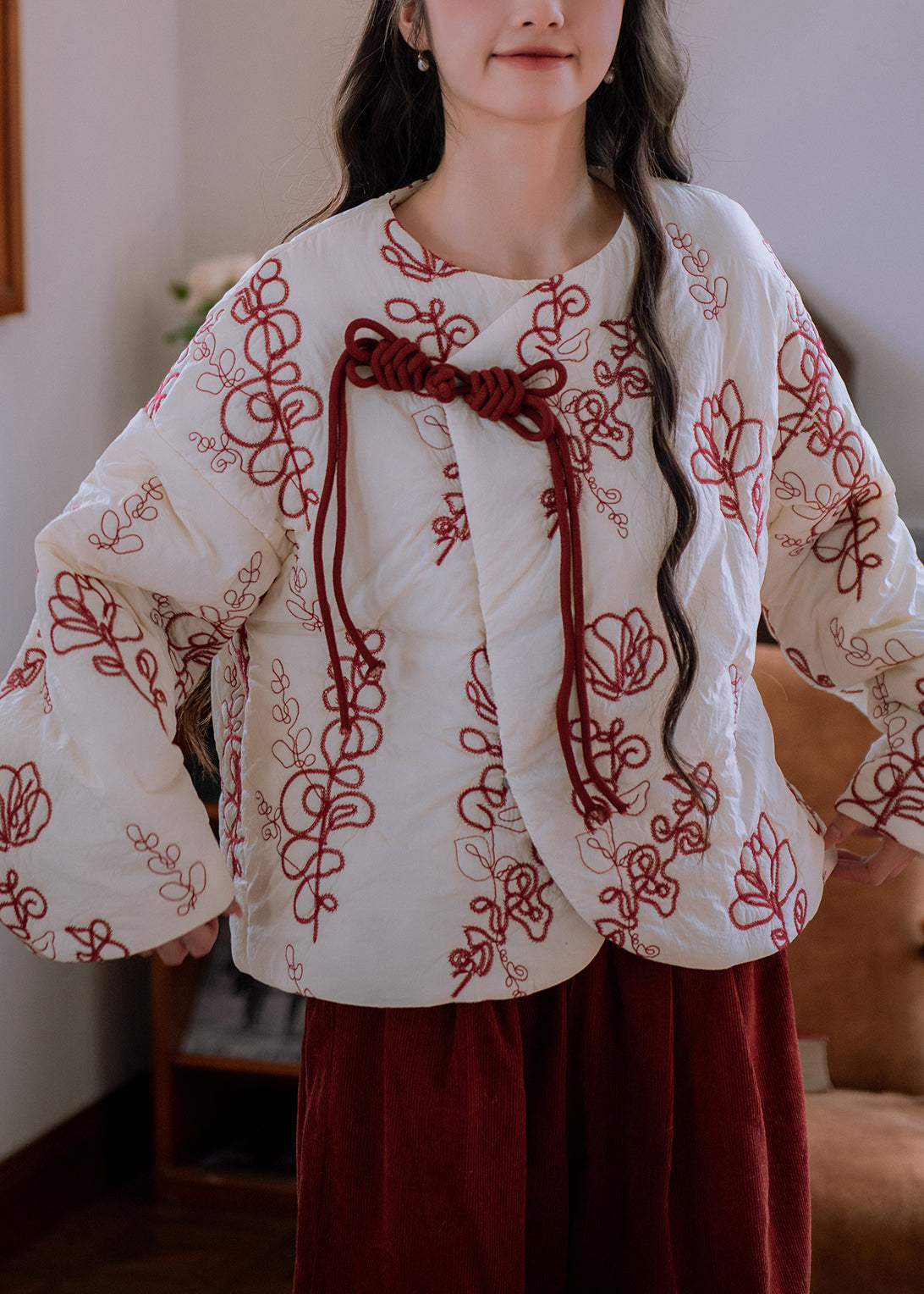 Beige Fur Collar Embroidered Chinese Button Cotton Filled Parka Winter