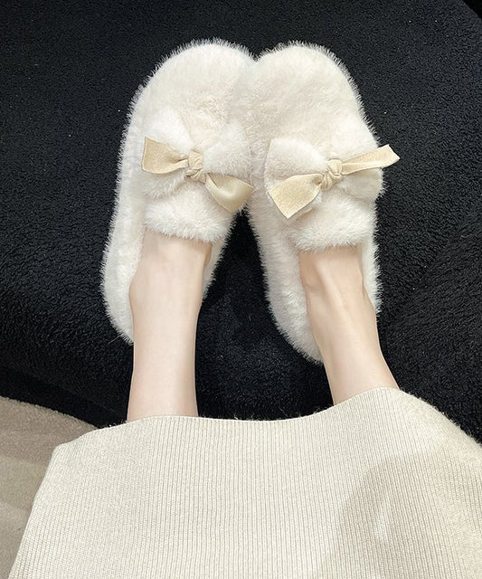 Beige Fuzzy Fur Bow Splicing Penny Loafers