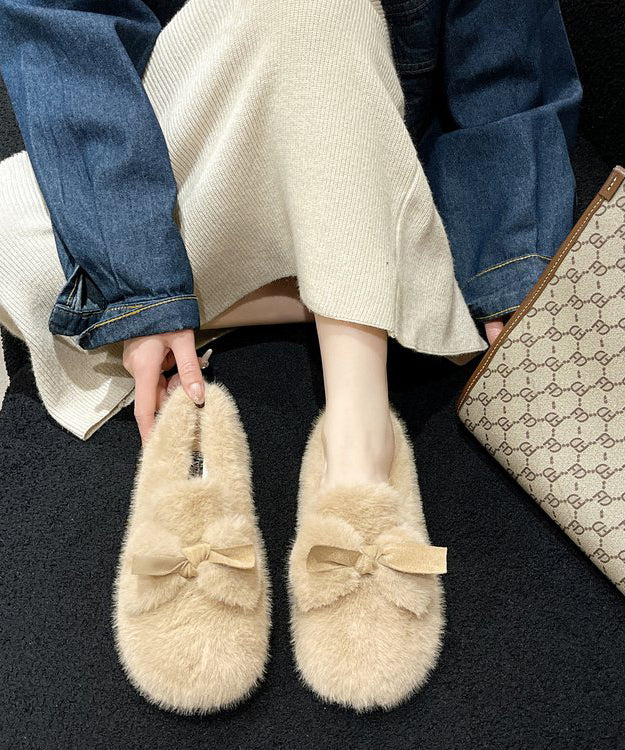 Beige Fuzzy Fur Bow Splicing Penny Loafers