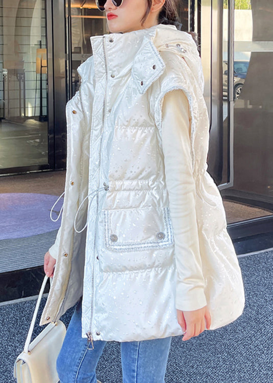 Beige Hooded Drawstring Patchwork Detachable Sleeve Duck Down Puffer Coat Winter