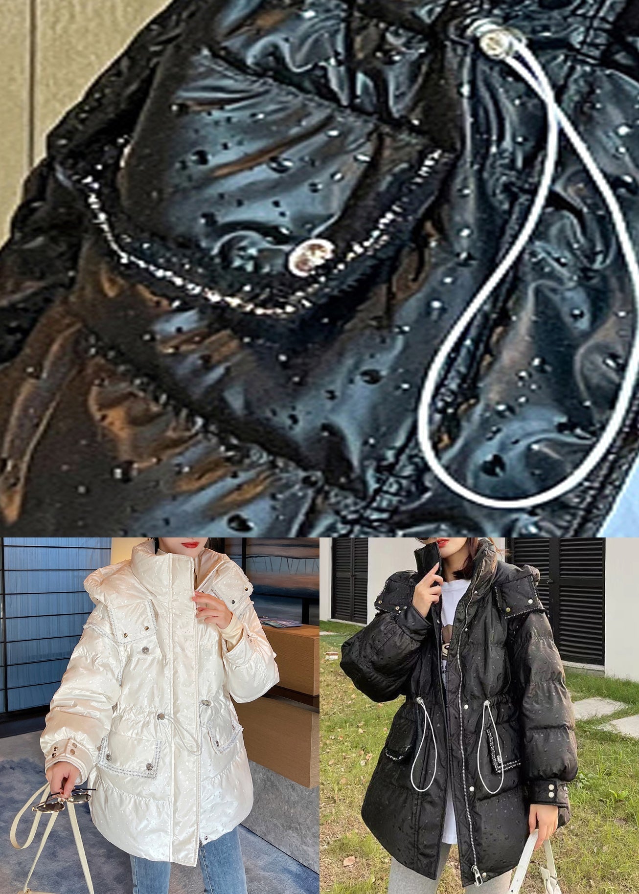 Beige Hooded Drawstring Patchwork Detachable Sleeve Duck Down Puffer Coat Winter