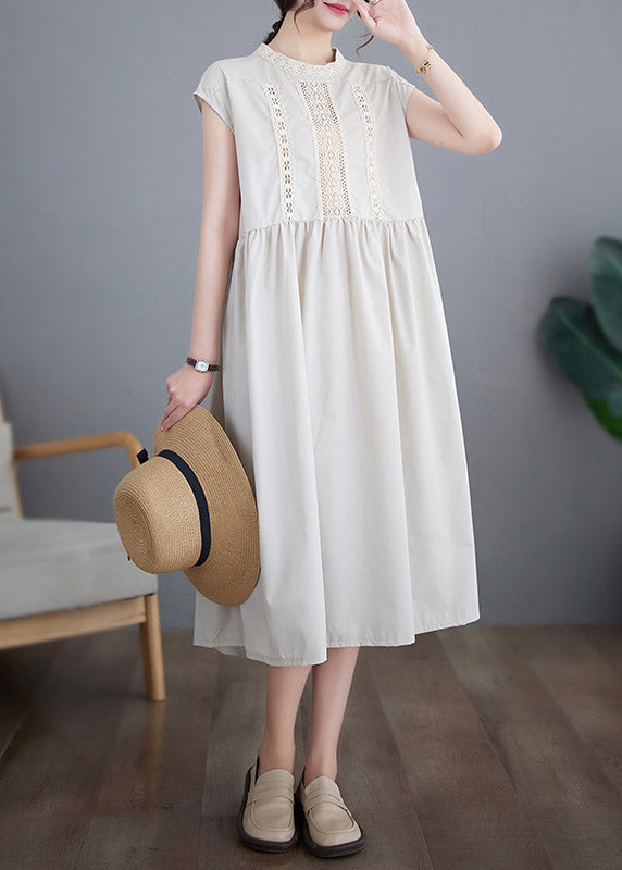 Beige O-neck Cotton Long Dresses Short Sleeve