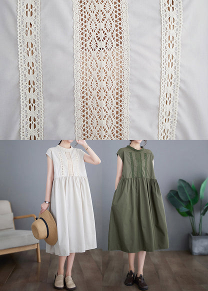 Beige O-neck Cotton Long Dresses Short Sleeve