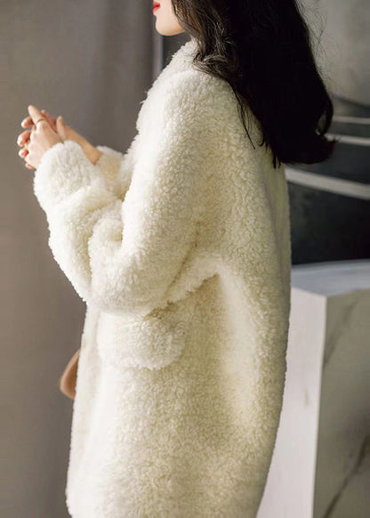 Beige Peter Pan Collar Pockets Patchwork Wool Coats Winter