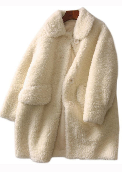 Beige Peter Pan Collar Pockets Patchwork Wool Coats Winter