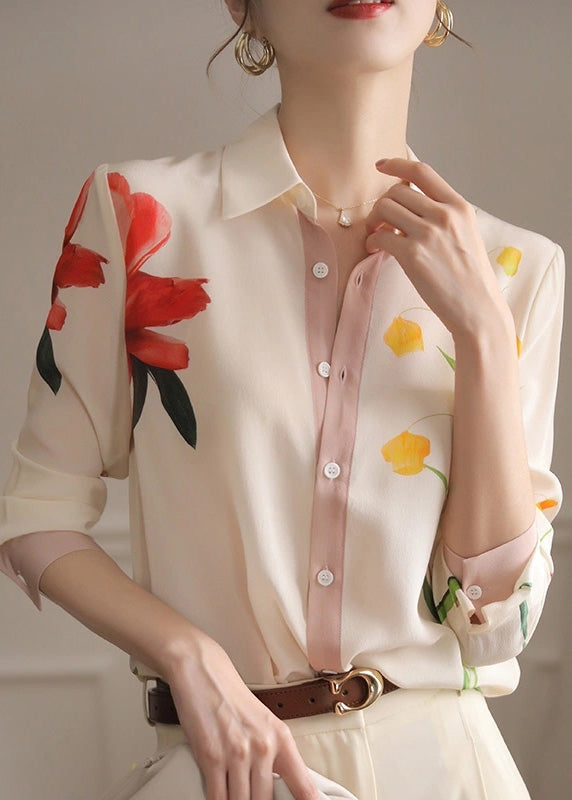 Beige Peter Pan Collar Print Button Chiffon Shirt Spring