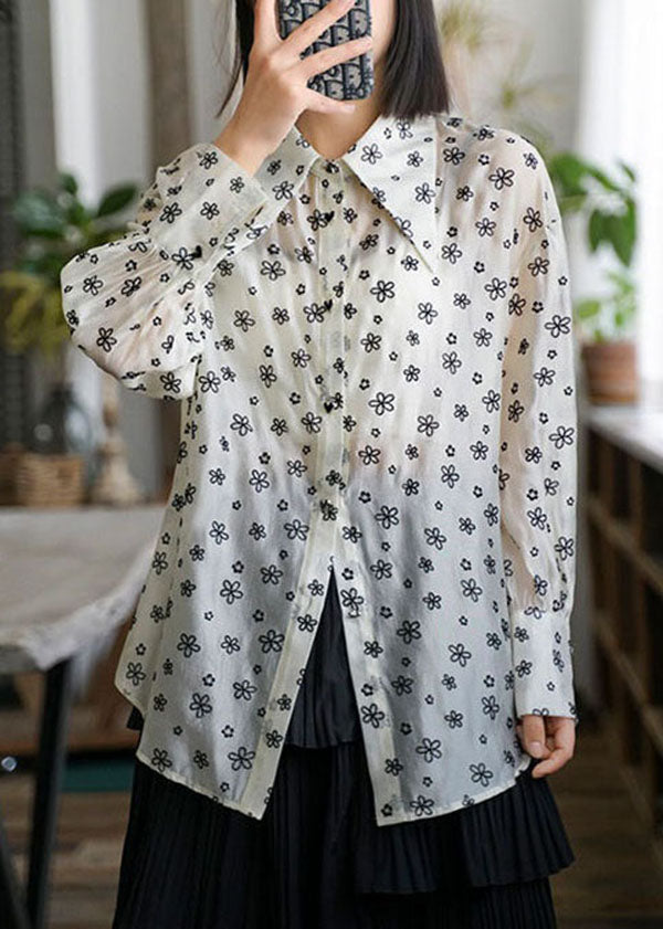Beige Peter Pan Collar Print Patchwork Chiffon Blouses Long Sleeve