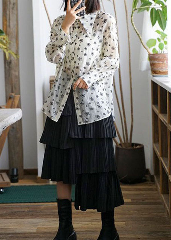 Beige Peter Pan Collar Print Patchwork Chiffon Blouses Long Sleeve