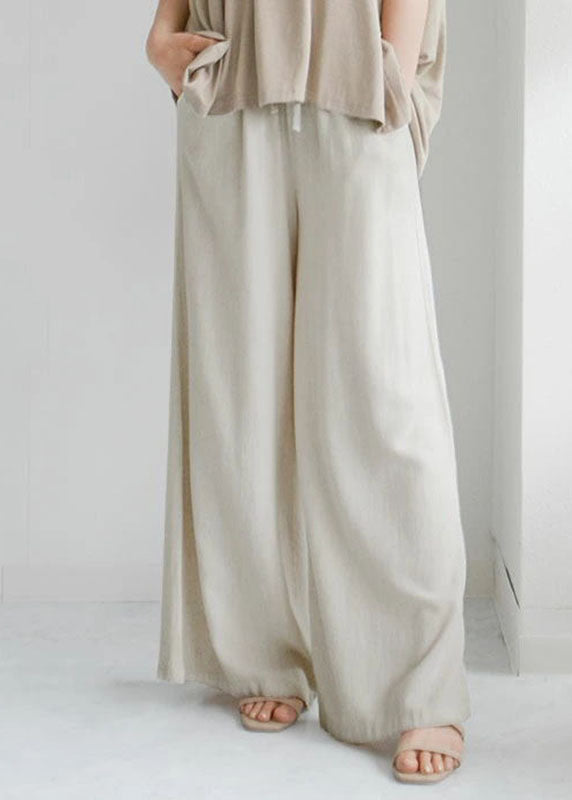 Beige Pockets Elastic Waist Linen Crop Pants Spring